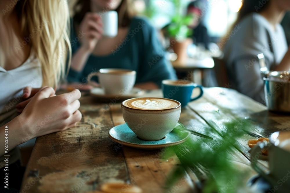 Women having coffee break at wooden table in cafe, closeup