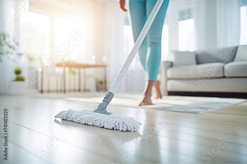 A woman cleaning the floor with a mop, ideal for household cleaning concept photo