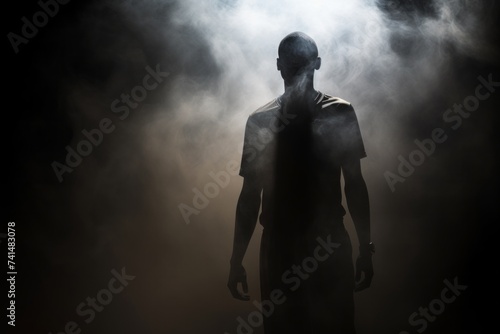 The man standing in the white smoke on the dark background © Darya