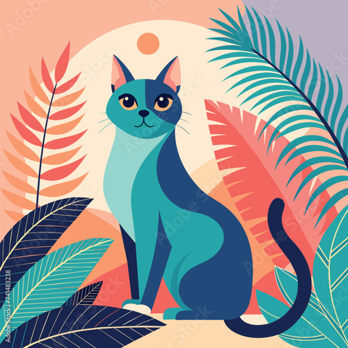 a digital art print  minimalistic  pastel palette representing a cat  palm leaves