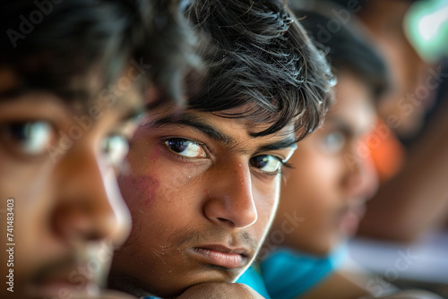 close-up photo of an Indian student's face as they listen attentively to their teacher's instructions during a classroom activity, shot from hiding camera, minimalistic style,