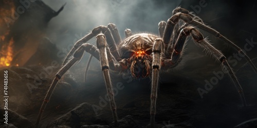 A large spider sitting on top of a pile of rocks. Suitable for nature and wildlife themes