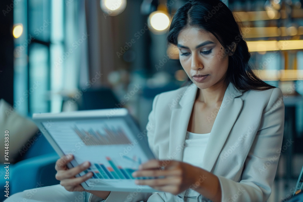 shot capturing the determination in the eyes of an Indian business woman as she reviews financial reports on her tablet device, minimalistic style, shot capturing the determination in the eyes of an Indian business woman as she reviews financial reports on her tablet device, minimalistic style,