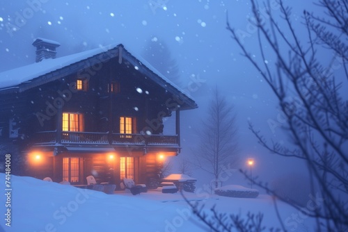 chalet at dusk with warm lights on, surrounded by fresh snowfall