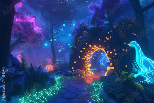 Enchanted night scene with a glowing blue creature, magical arch and luminescent plants in a mystical forest
