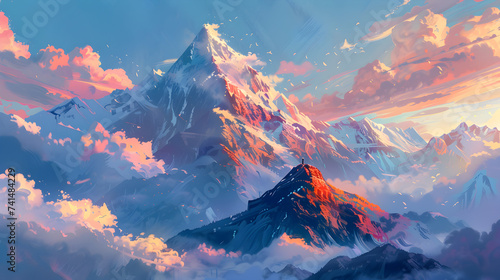 Anime scenery of a sunset over a mountain with a lake , Sunset sky mountain Background