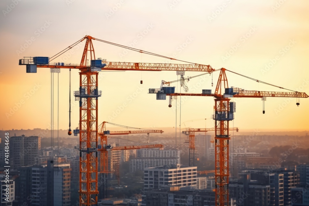 Group of cranes on top of a building. Suitable for construction industry concepts