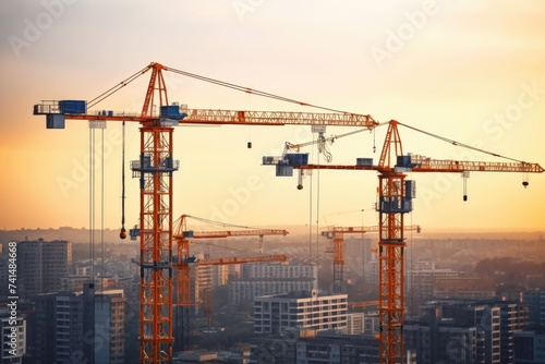 Group of cranes on top of a building. Suitable for construction industry concepts