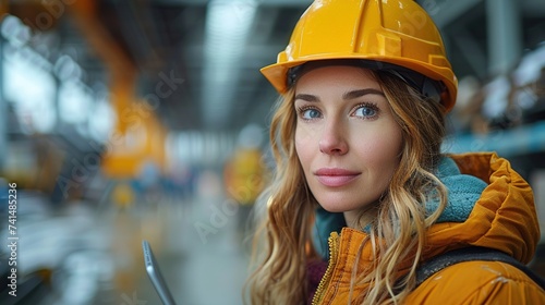 Young blonde woman with yellow work helmet, she is doing an inspection of an industrial job holding a tablet