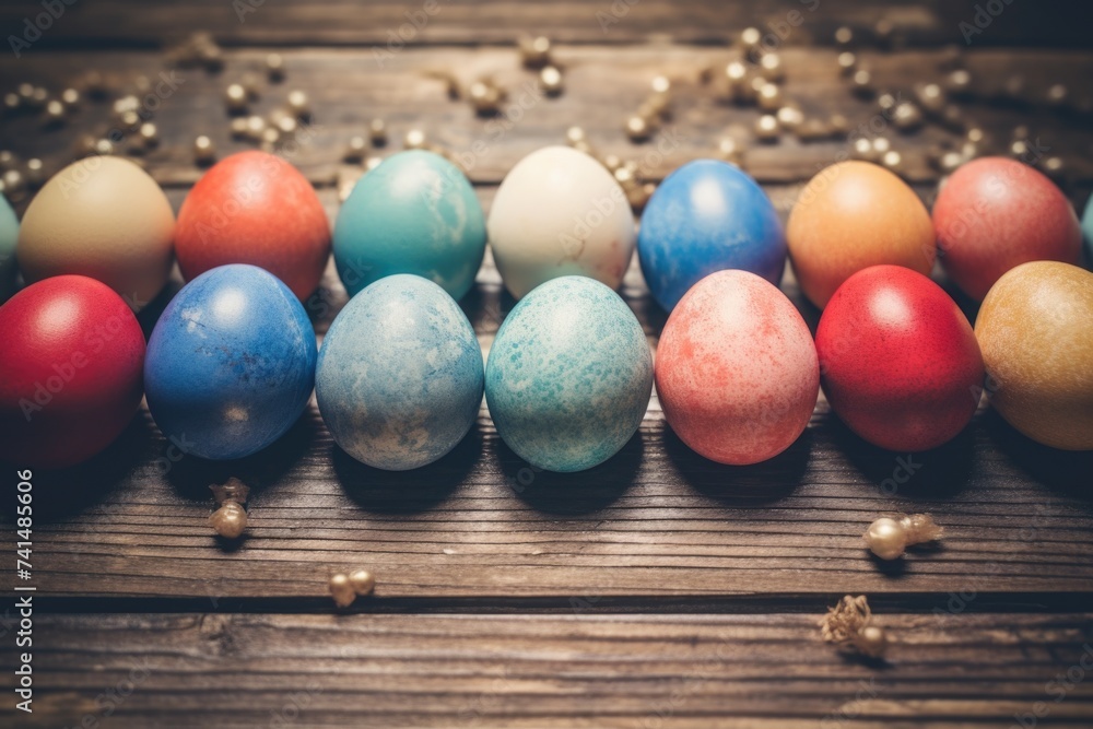 Row of colored eggs on wooden table, perfect for Easter concept Row of colored eggs on wooden table, perfect for Easter concept