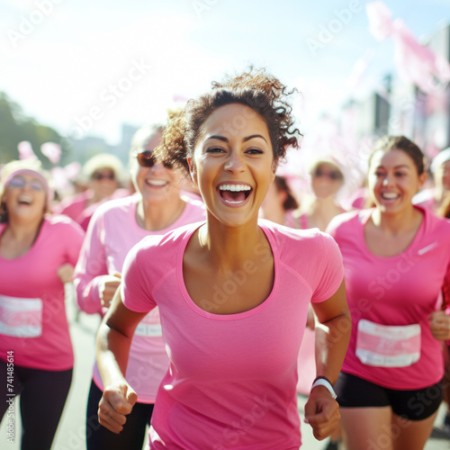 Vibrant Charity Run for Breast Cancer. Exuberant women in pink running together in a charity event for breast cancer support and prevention.