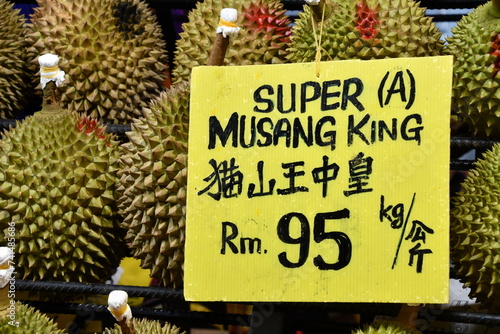 Delicious juicy fleshy aromatic Malaysian durians sold by fruit stalls in night market, Bukit Bintang, Kuala Lumpur, Malaysia. King of fruits in Southeast Asia with pungent smell but savoury taste.