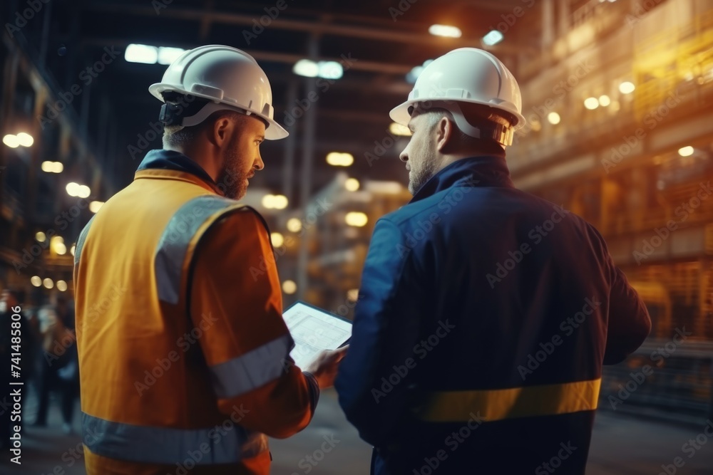 Two men in hard hats standing next to each other. Suitable for construction or engineering concepts Two men in hard hats standing next to each other. Suitable for construction or engineering concepts