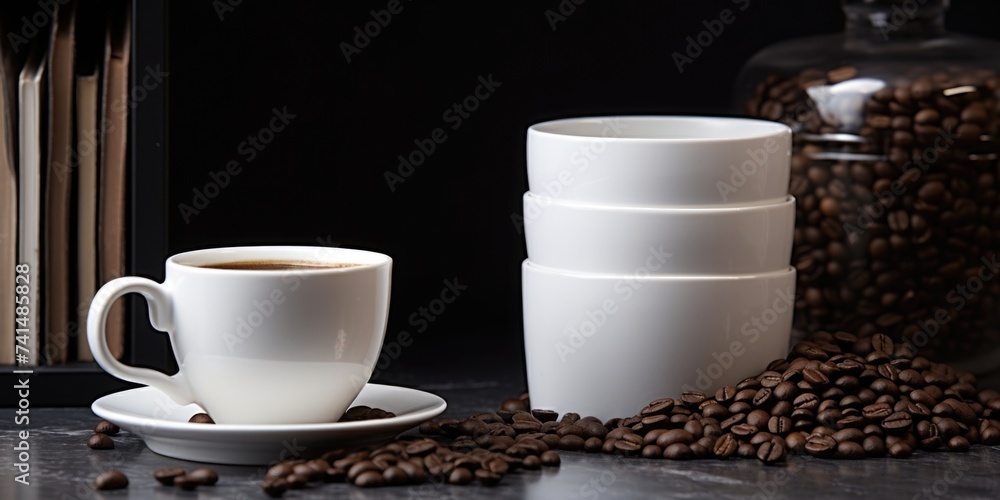 Obraz premium A cup of coffee next to a stack of coffee beans. Perfect for coffee lovers