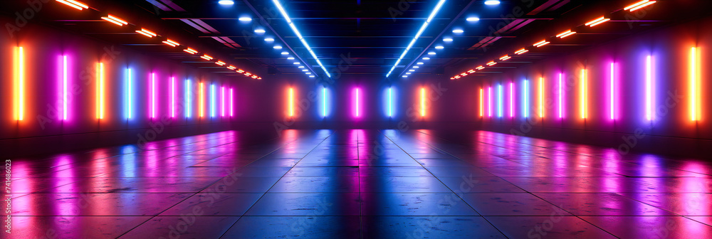A neon odyssey through futuristic corridors, where light and architecture converge in a dazzling exploration of space and design