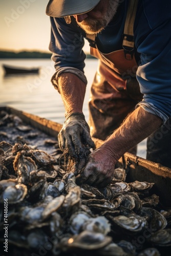 A man collecting oysters from a boat. Suitable for seafood industry