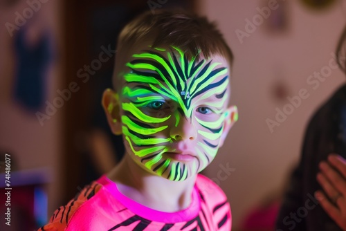 child with neon face paint like zebra stripes at a party