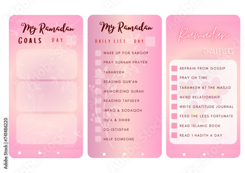 Ramadan activities kit, Ramadan challenges, to do list and goals for application template, with black-gray color and white background color.