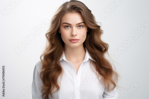 A woman in a white shirt posing for a picture. Suitable for various concepts