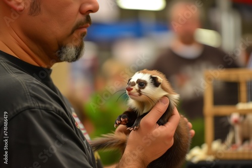 man holding a ferret at a small mammal trade show