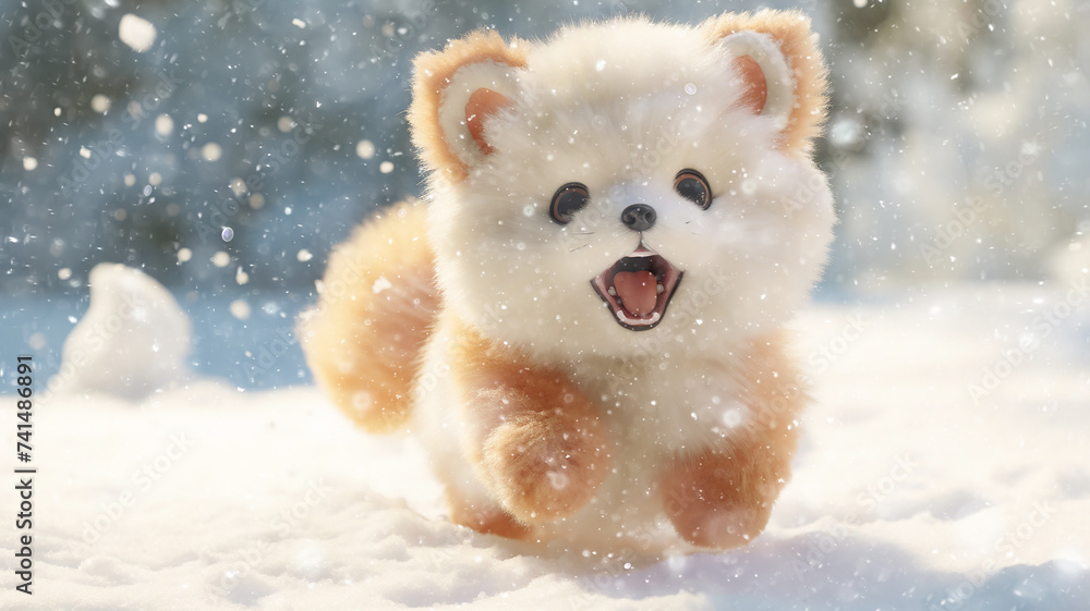 fox, fluffy plush children's toy running through the winter snow, snowfall, snowflakes falling cold christmas season, greeting card fox, fluffy plush children's toy running through the winter snow, snowfall, snowflakes falling cold christmas season, greeting card