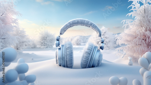 background music, big headphones in winter, snowfall, snowy background music, christmas melody photo