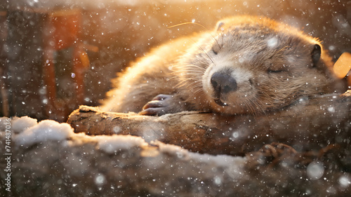cute fluffy groundhog wakes up in his burrow day, the onset of spring, the change of seasons, prediction in February