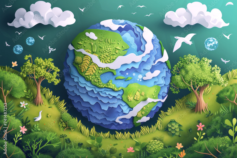 Fantasy Earth in a Lush Wildlife Haven. An illustrated Earth teeming with greenery and fauna, enveloped by a vibrant, life-affirming habitat.