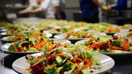 Close-up of a lot of white plates with vegetable salad in the kitchen of a restaurant or hotel. Vegetarian, Vegan, Healthy Food, Healthy Lifestyle, Fiber and Vitamins concepts.