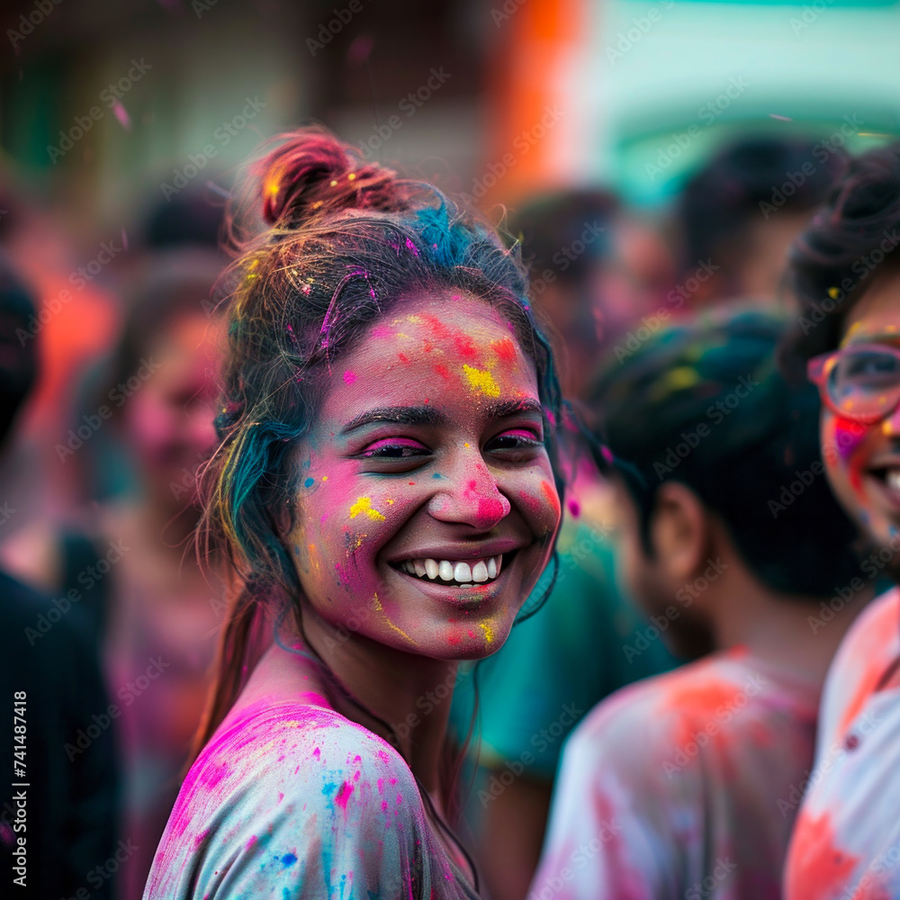 Radiant Joy: Holi Colors in Sunset Glow. Woman basking in the sunset, her face painted with the vivid hues of Holi, exuding pure bliss. Radiant Joy: Holi Colors in Sunset Glow. Woman basking in the sunset, her face painted with the vivid hues of Holi, exuding pure bliss.