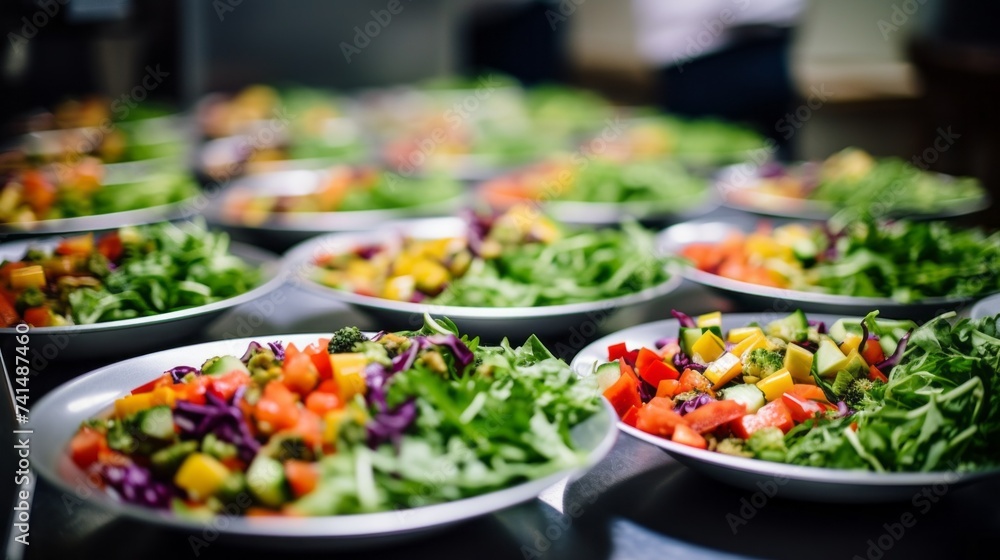 Close-up of a lot of white plates with vegetable salad in the kitchen of a restaurant or hotel. Vegetarian, Vegan, Healthy Food, Fitness and Sports nutrition, Healthy Lifestyle, Fiber and Vitamins. Close-up of a lot of white plates with vegetable salad in the kitchen of a restaurant or hotel. Vegetarian, Vegan, Healthy Food, Fitness and Sports nutrition, Healthy Lifestyle, Fiber and Vitamins.