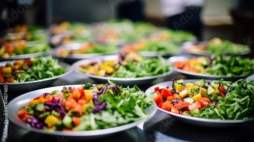 Close-up of a lot of white plates with vegetable salad in the kitchen of a restaurant or hotel. Vegetarian, Vegan, Healthy Food, Fitness and Sports nutrition, Healthy Lifestyle, Fiber and Vitamins.