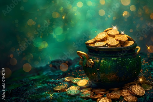 A festive image featuring a pot of gold coins on vibrant emerald. Concept St, Patrick's Day, Irish Celebration, Green and Gold, Festive Decorations, Luck of the Irish