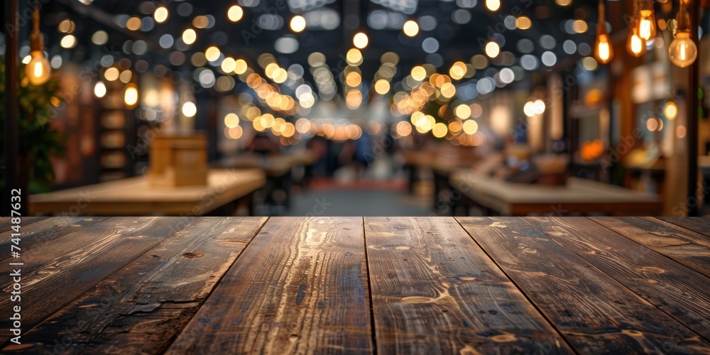 Wooden table stands at forefront of blurred cafe interior embodying perfect of functionality and aesthetic allure smooth polished surface bathed in soft light invites array of products Wooden table stands at forefront of blurred cafe interior embodying perfect of functionality and aesthetic allure smooth polished surface bathed in soft light invites array of products