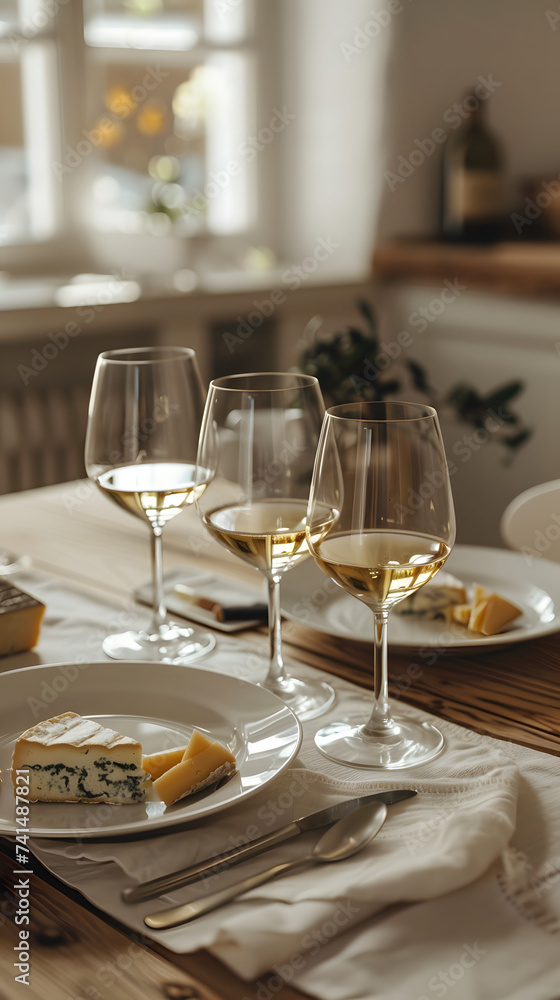 three glasses of white wine, cheese on the background of a minimalist kitchen