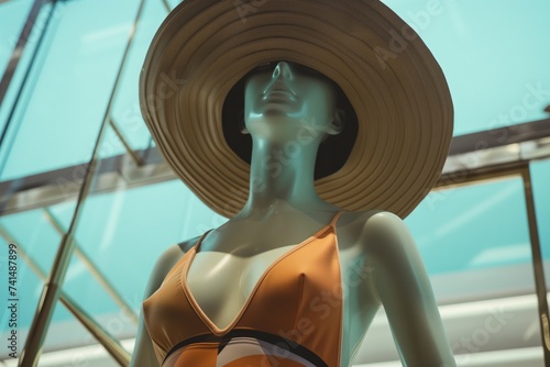 mannequin in a retrostyled swimsuit with a widebrim hat photo