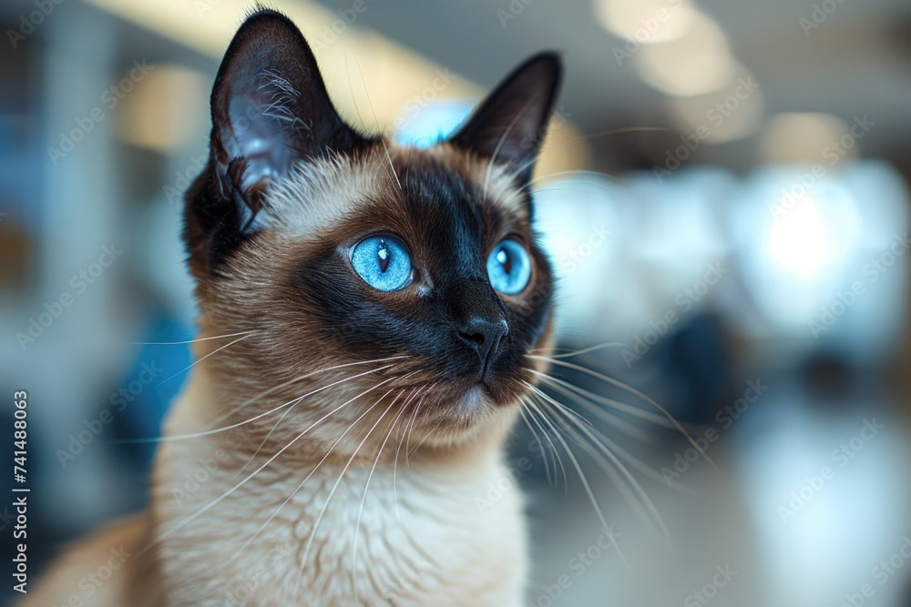 A Siamese cat with deep blue eyes attentively scans a vet clinic.