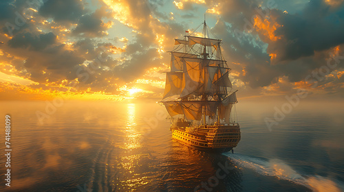 A pure gold galleon sailing on the sea, very imposing, the picture is bright in spring