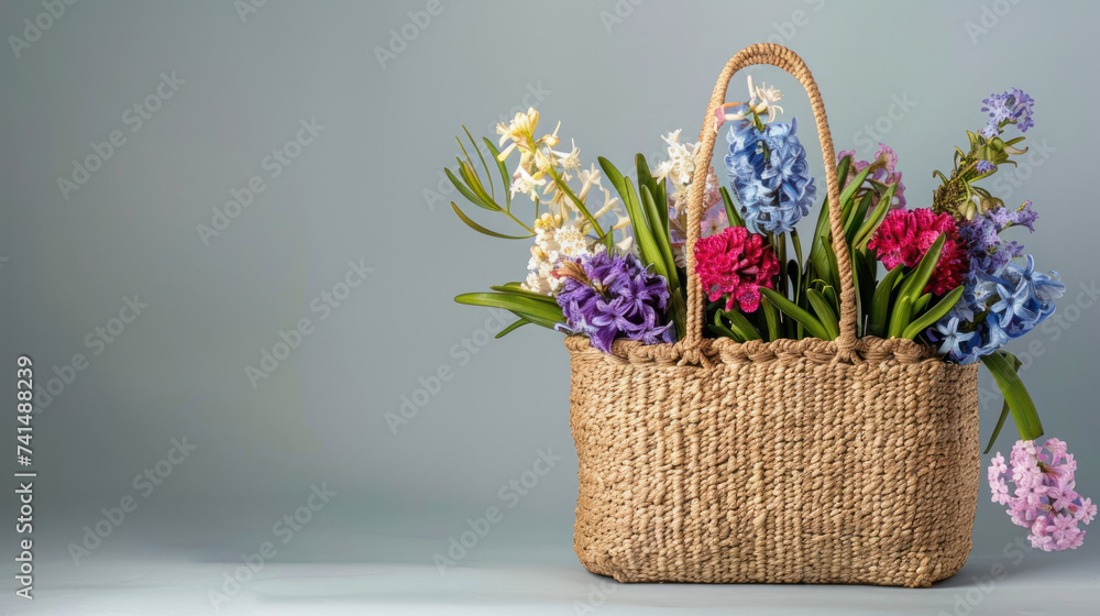 Beautiful straw bag with seasonal flowers of hyacinth and carnation blossom.