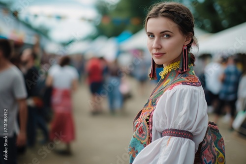 woman in ukrainian vyshyvanka blouse at a cultural fair