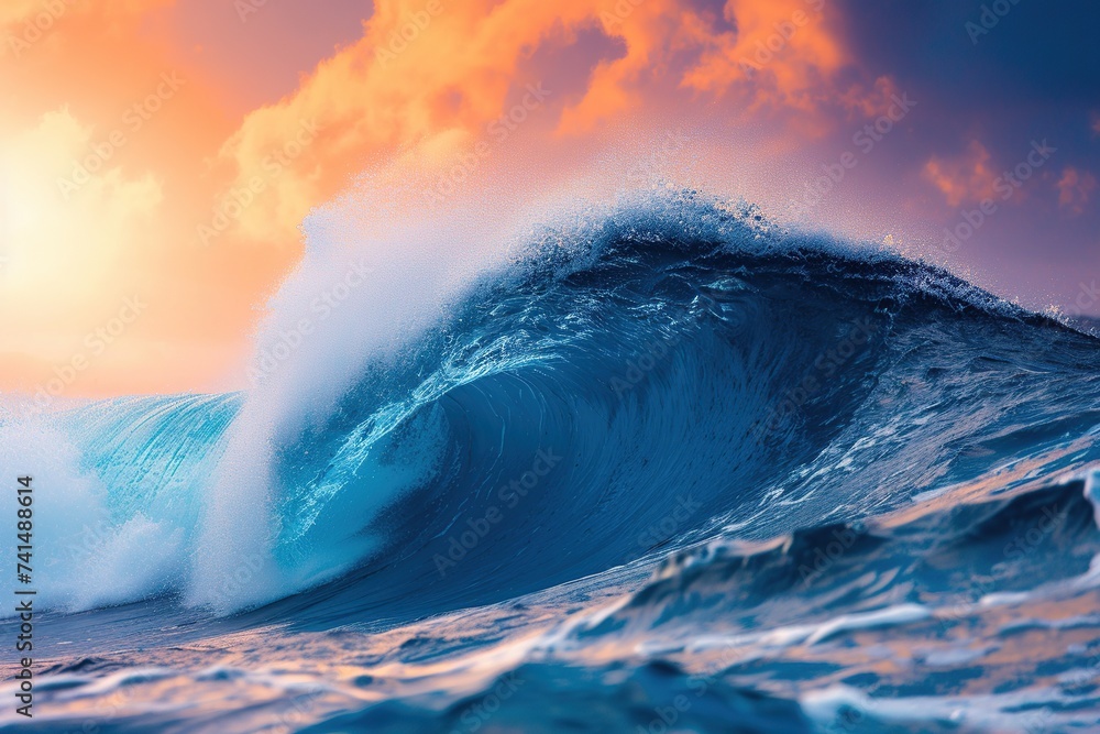 Huge blue wave in the ocean on sunlights background