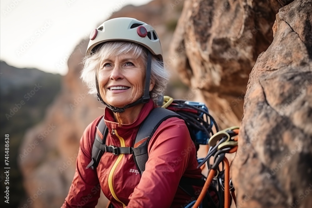 Portrait of senior female climber in helmet and jacket on climbing route Portrait of senior female climber in helmet and jacket on climbing route