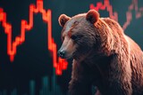 Big bear and computer screen with red stock market. Bear market