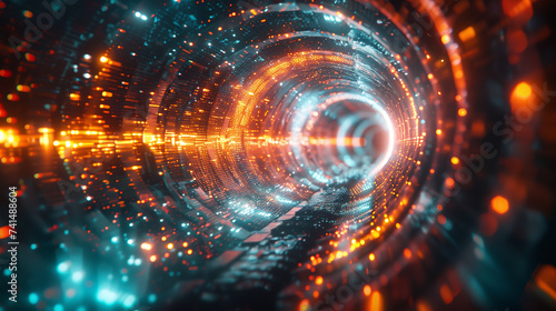 Vibrant abstract data stream visualization representing a digital network or cyberspace tunnel