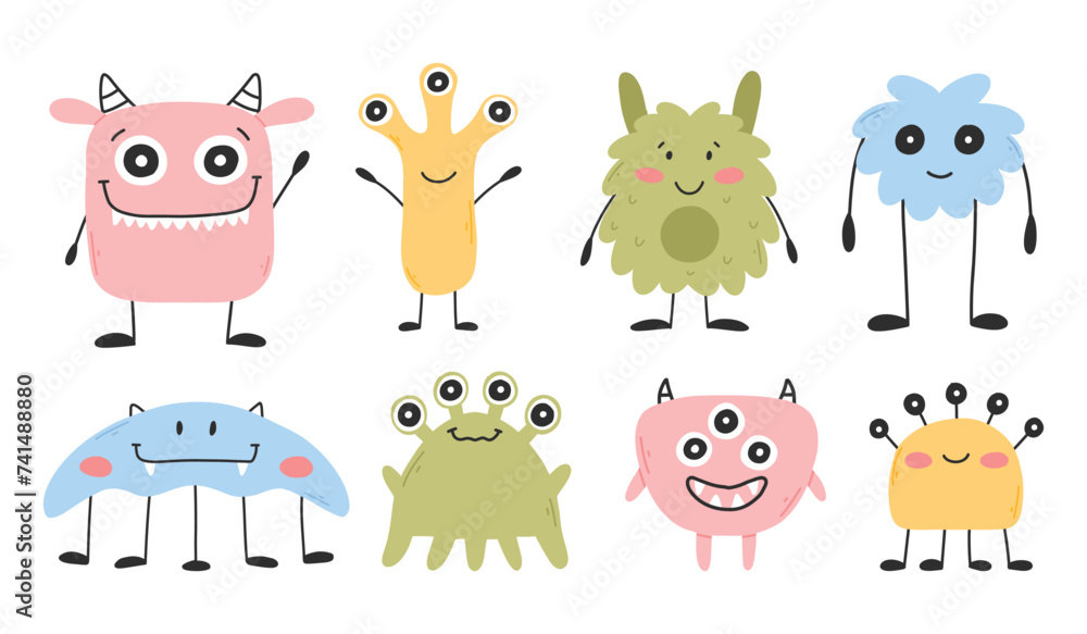 Fototapeta premium Set with cute monsters in flat style. Hand drawn kids monsters. vector illustration. Isolated mascot.