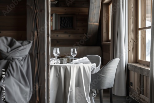 luxurious chalet dining space with a table decked in fine linen
