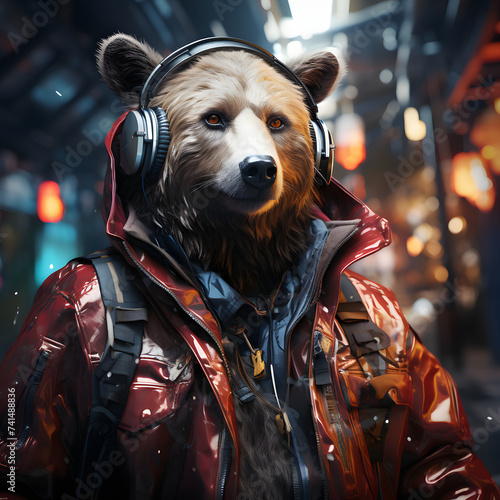 Cyberpunk Bear Illustration Wearing Jacket and Headphones in Futuristic Style
