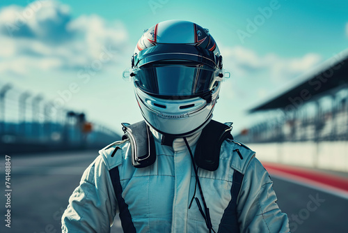 Race track and racer wearing helmet and uniform ready for race © Alina