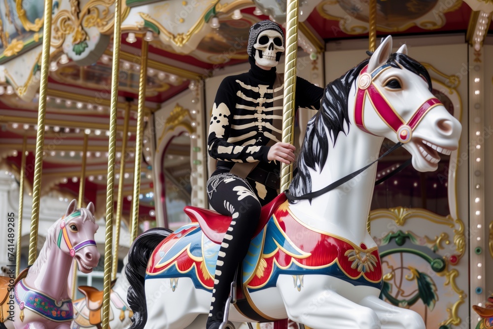 person sporting skeleton attire riding a carousel horse casually