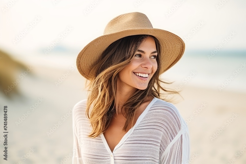 Portrait of a beautiful young woman in hat on the beach.